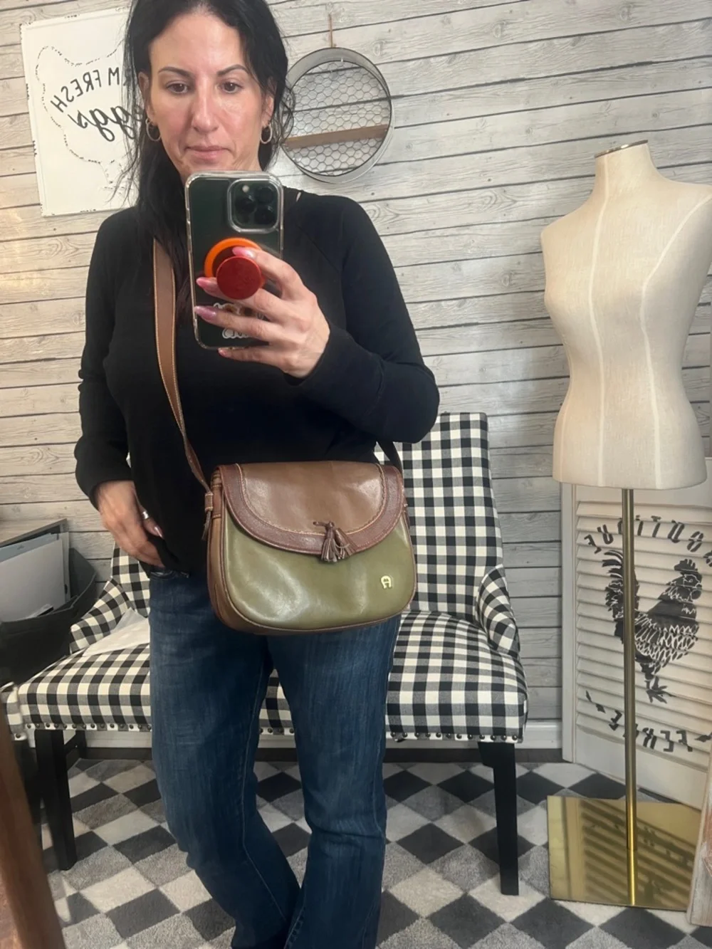 Etienne Aigner Olive and Brown Leather-Trim Crossbody Saddle Bag